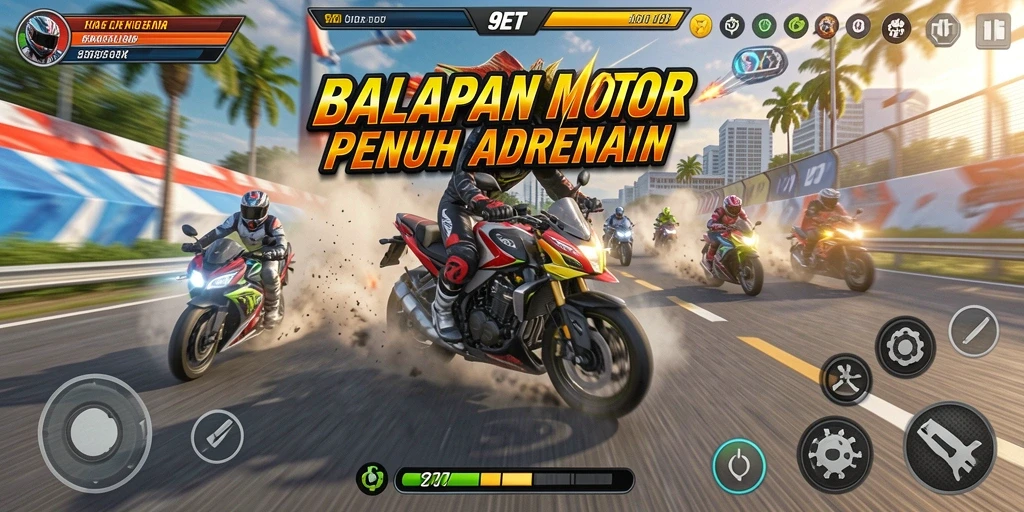 Screenshot utama menunjukkan aksi seru balapan motor.