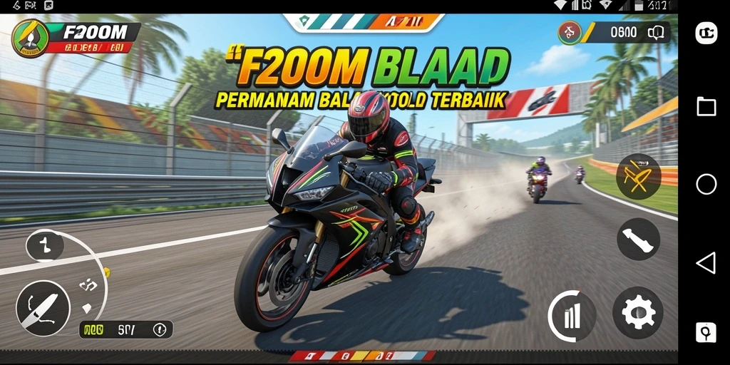 Screenshot gameplay F200M menunjukkan balapan motor seru.
