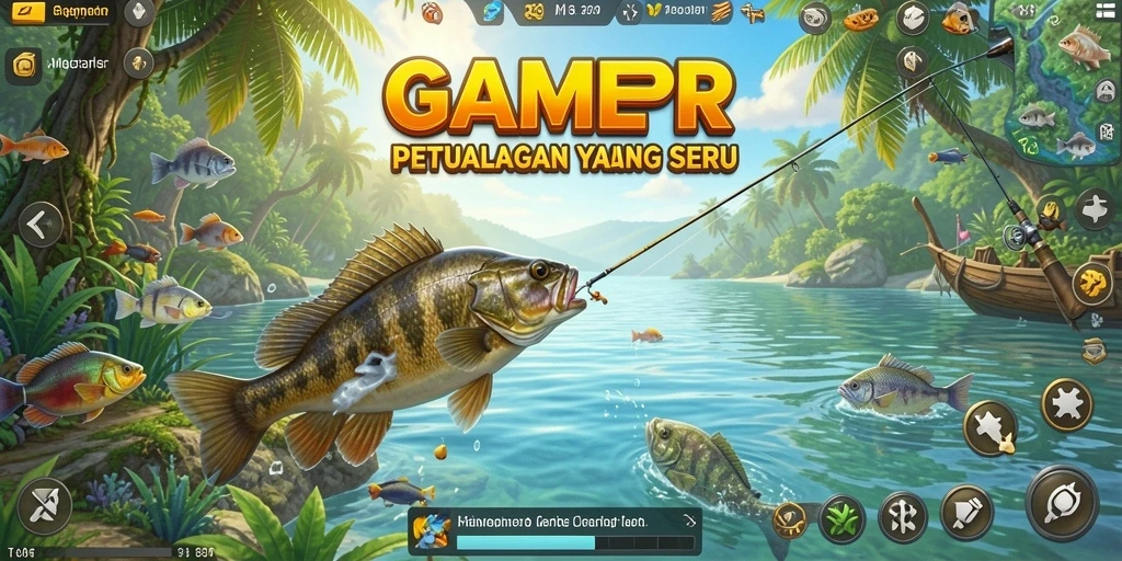 Tampilan gameplay GAMERP dengan suasana memancing yang menakjubkan.