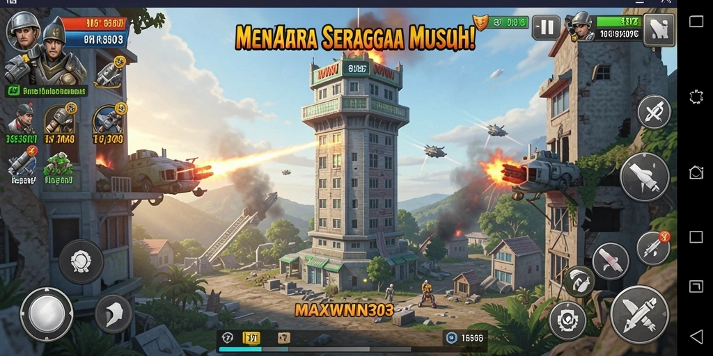 Tampilan gameplay MAXWIN303 yang intens dalam mempertahankan menara dari serangan musuh.