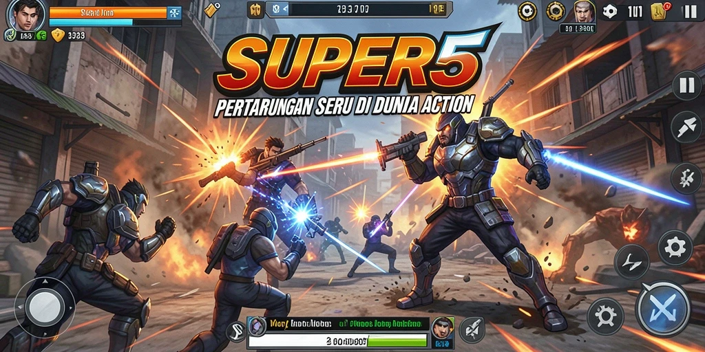 Tangkapan layar utama SUPER5 menampilkan aksi pertarungan yang mendebarkan dan grafis yang menawan.