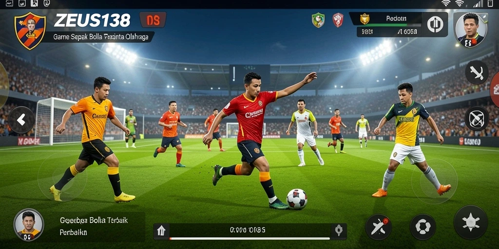 Screenshot gameplay ZEUS138 dengan aksi sepak bola yang seru dan grafis memukau.