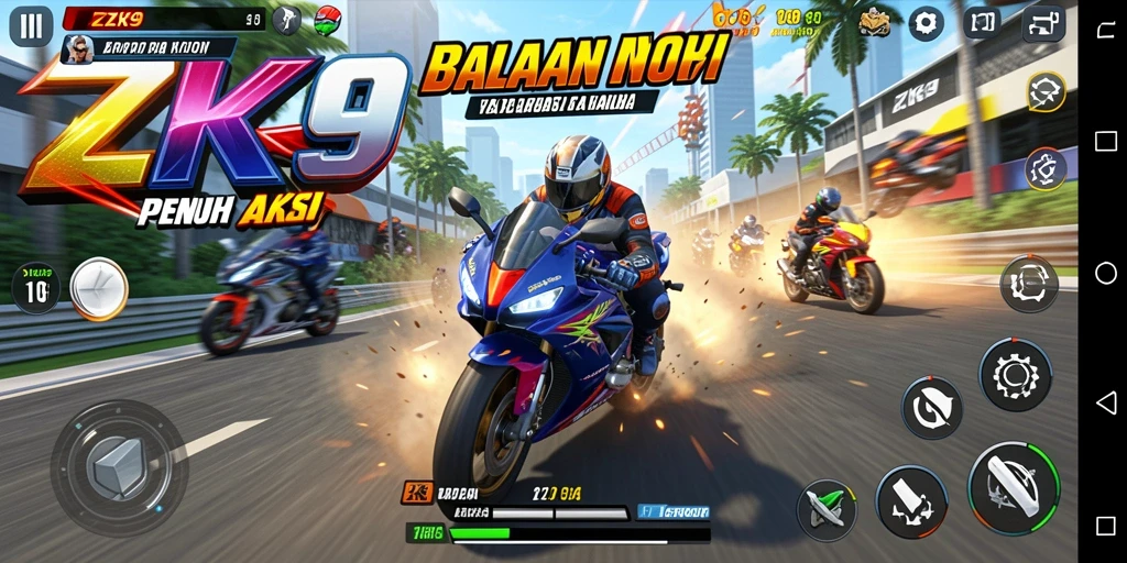 Gameplay ZK9 yang mendebarkan dengan balapan motor cepat.